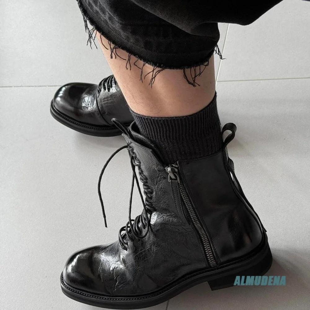 Solid Black Street Style Men High-Top Ankle Boots Lace Up Side Zipper Block Heel Outdoor Trendy Versatile Punk Style Short Boots