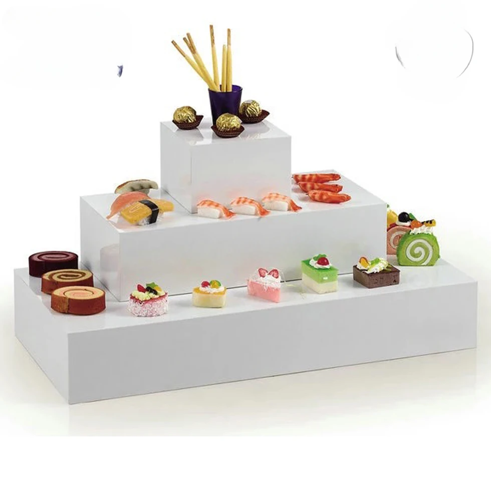 Catering banquet tabletop buffet elevation dessert cupcake white mirror cube clear acrylic 3 step display stand/ buffet riser