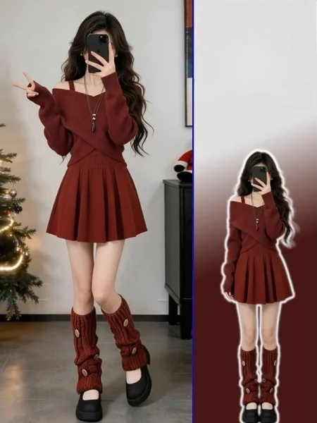 

Комплект: вязаный свитер больших размеров и топ на одно плечо с внутренними бретелями, с завышенной талией, теплый, модный женский комплект