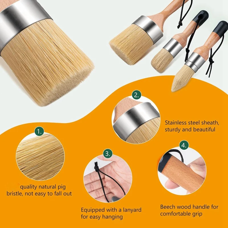 3 Pack Chalk Paint Brush, Wax Paint Brush, Chalk Paint Brushes For Wood, Round Paint Brushes For Painting Home Decor