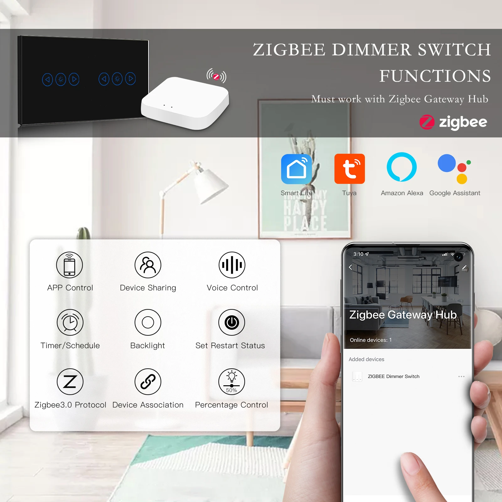 BSEED Zigbee Smart Dimmer Switch doppio LED dimmerabile Touch Switch pannello in vetro retroilluminato blu Google Tuya Smart Life Control