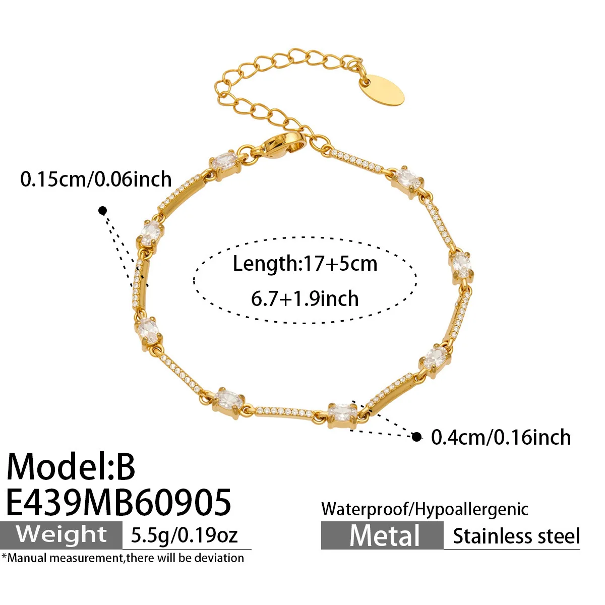 Funkelndes CZ-Armband, Edelstahl-Kettenarmband, quadratisches Herz-Tropfen-Zirkon-Armband, 18k vergoldete Armbänder für Damen – Detail 7