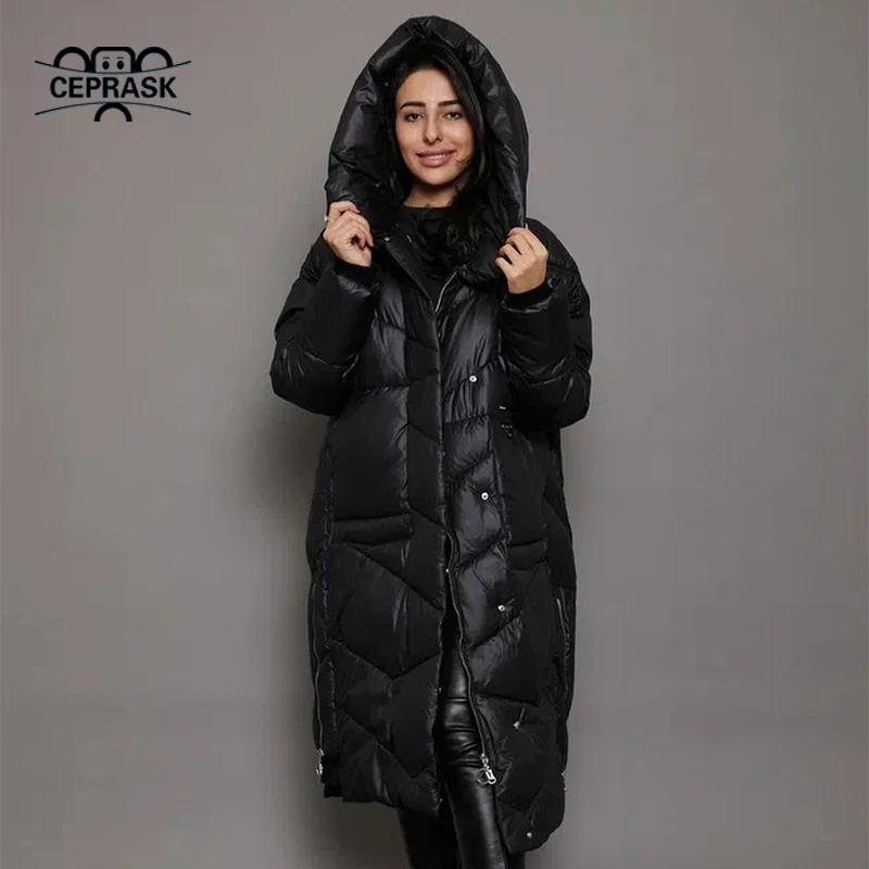 CEPRASK 2023 New Fashion Winter Quilted Coat Women X-Long High Quality Cotton Parkas Hooded Outerwear Warm Thick Woman Jacket