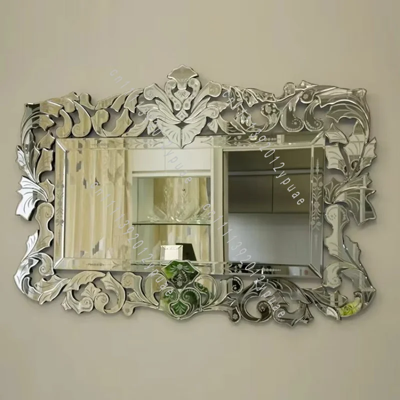 Antique Venetian Style Decorative Wall Mirror, Mirrored Wall Hanging Ornament for Dressing Room Interior Decoration