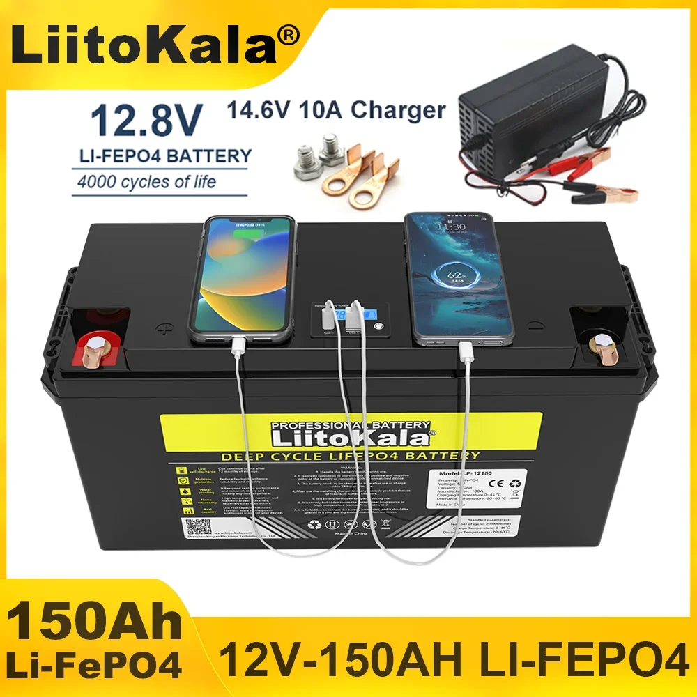 LiitoKala 12v/12.8V 150AH LiFePO4 Battery 14.6V Lithium Iron Phosphate Batteries Cycles USB 3.0 Touring car Solar Wind Tax Free