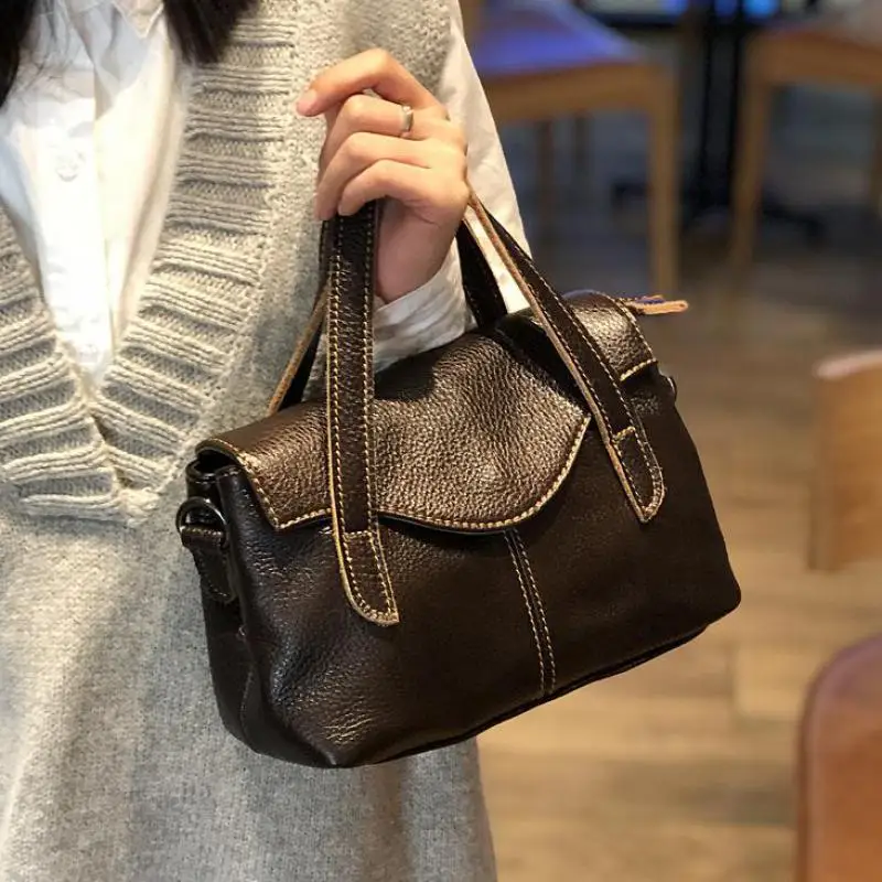 Johnature 2024 New Simple First Layer Cow Leather Women Bag Leisure Small Handbag Solid Color Soft Real Cowhide Shouler Bags