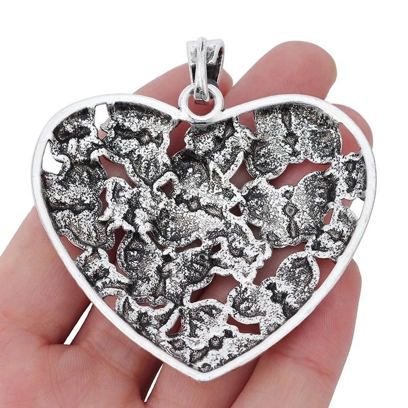 ZXZ 2pcs Antique Silver Color Large Flower Heart Shape Charms Pendants for Necklace Jewellery Making