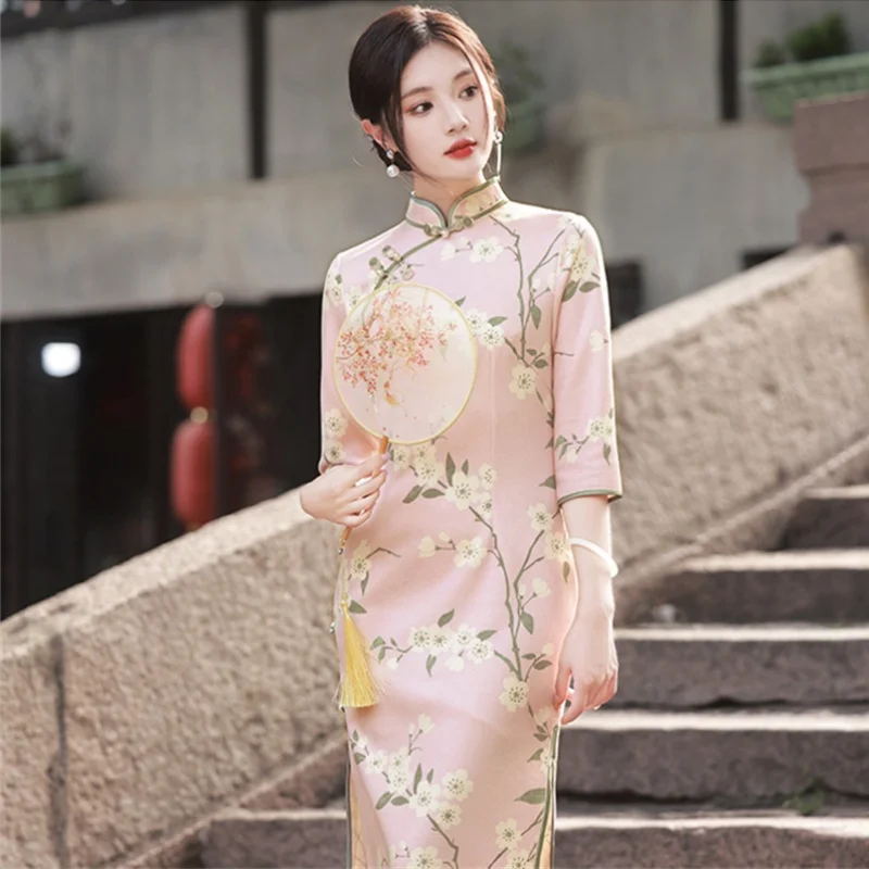 Elegant Print Qipao Chinese Style Costume Suede Fabric Long Cheongsam Stand Collar Mid Sleeve Side Slit Slim Fit Dress for Women