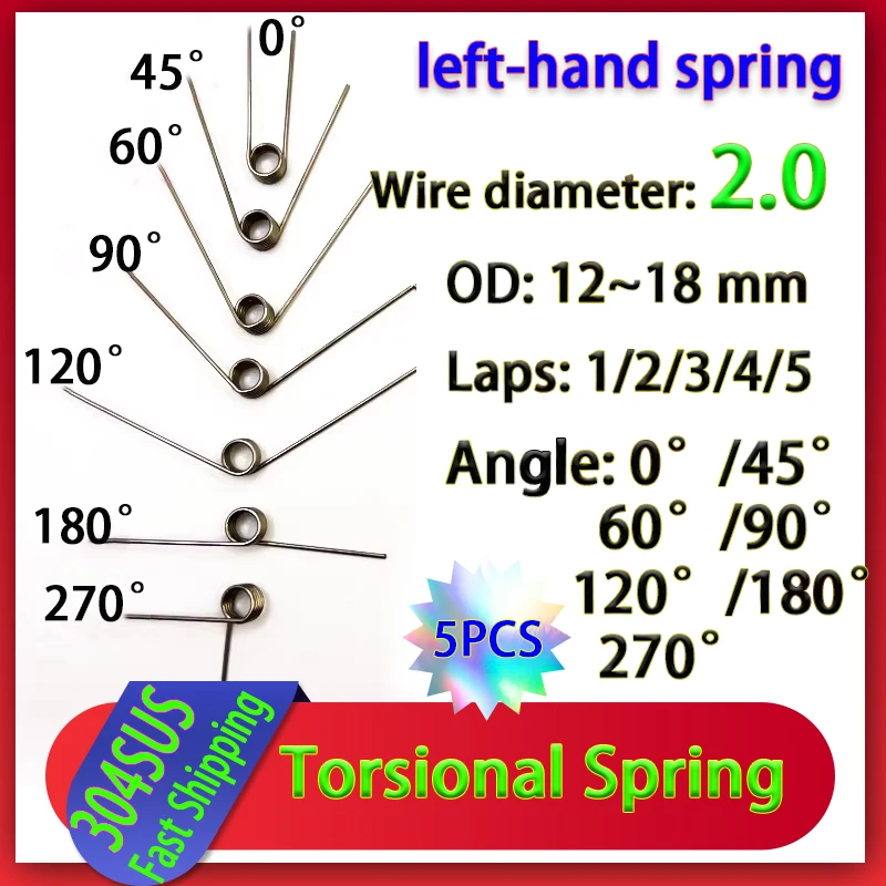 Wire diameter 2.0mm Left Rotation Torsion Spring 304 Stainless Steel Torsion Spring Number of Turns 1/2/3/4/5 Turns 5Pcs