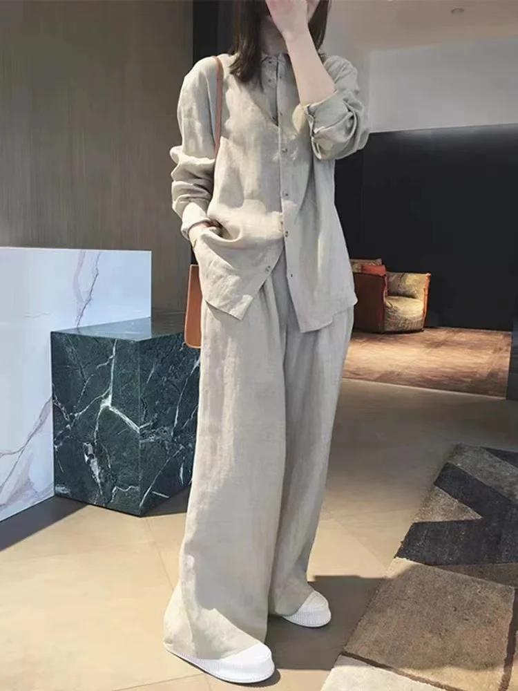 Women's Cotton Linen Set Casual Sle Two-Piece Suit Autumn Faion Design Sensation Large Size irt And Straight Leg Pants