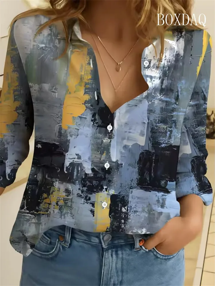 Women's Tie Dye Print Blouse Spring Autumn Fashion Graffiti Lapel Button Down Shirt Casual Long Sleeve Shirt Cardigan Top Ladies