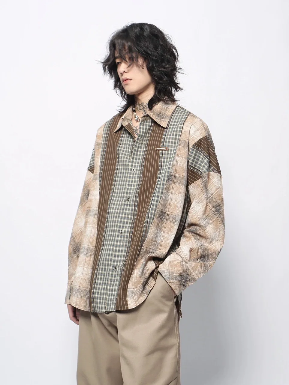 2025 Spring and Autumn New American Retro Wasteland Style Men's Coffee Color Patchwork Plaid Turn-Down Collar Long Sleeve Shirt