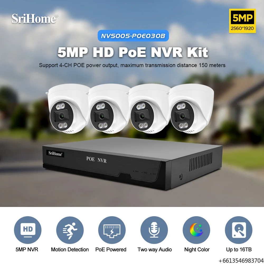 

2024 Years NVS005 +4*POE030B 5MP PoE NVR Srihome Security Outdoor Camera Full Night Vision CCTV Wifi Camera Two Way Audio