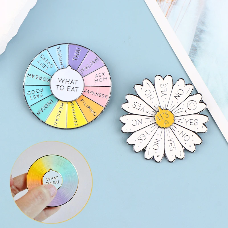 Que comer girando deslizante em movimento broche esmalte pino broches emblemas de metal lapela pinos girassol broche denim jaqueta jóias 1pc