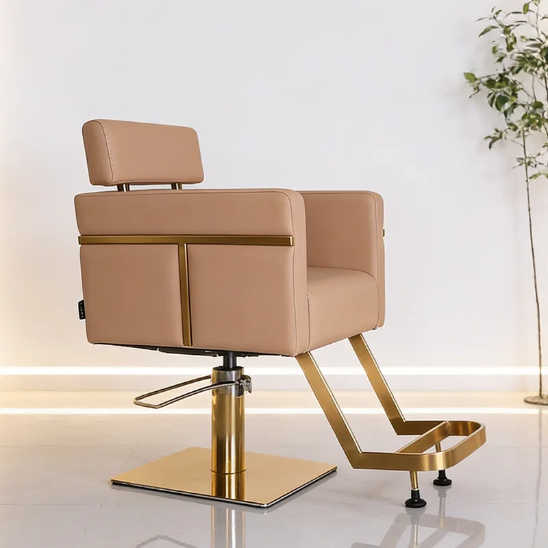 

Luxury Barbershop Furniture Gold Stainless Steel square Base Hairdressing Chair Modern Orange Barber Chair for Men
