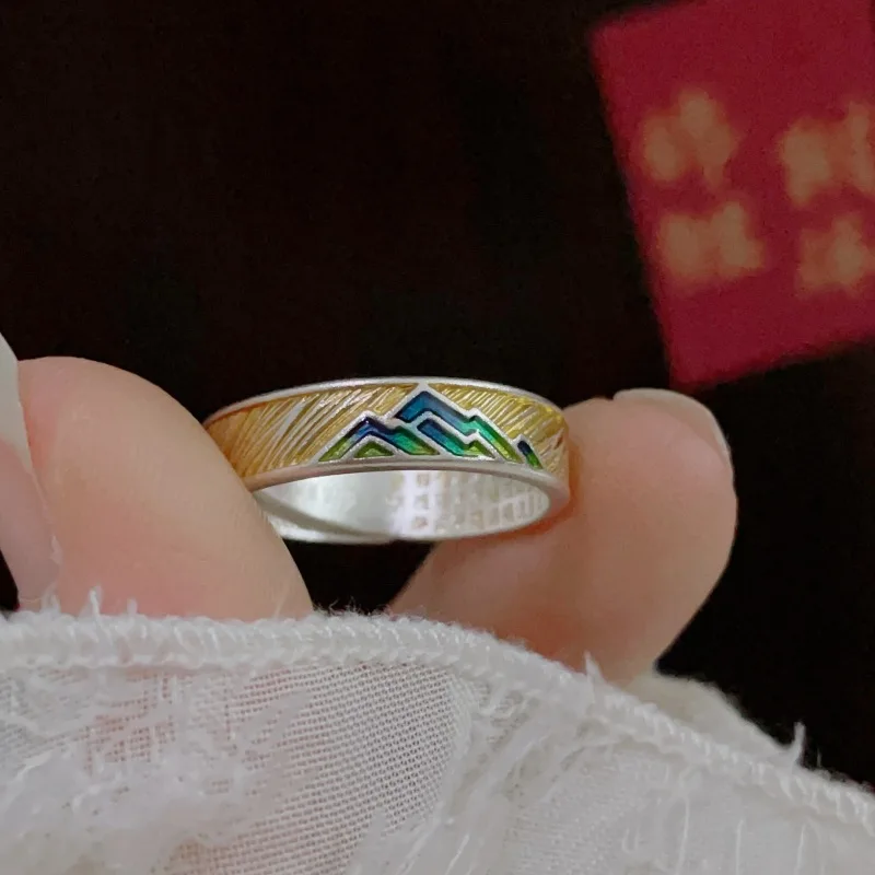 New Chinese style gold stroke auspicious cloud ring solid thousand mile country style retro enamel adjustable women's jewelry