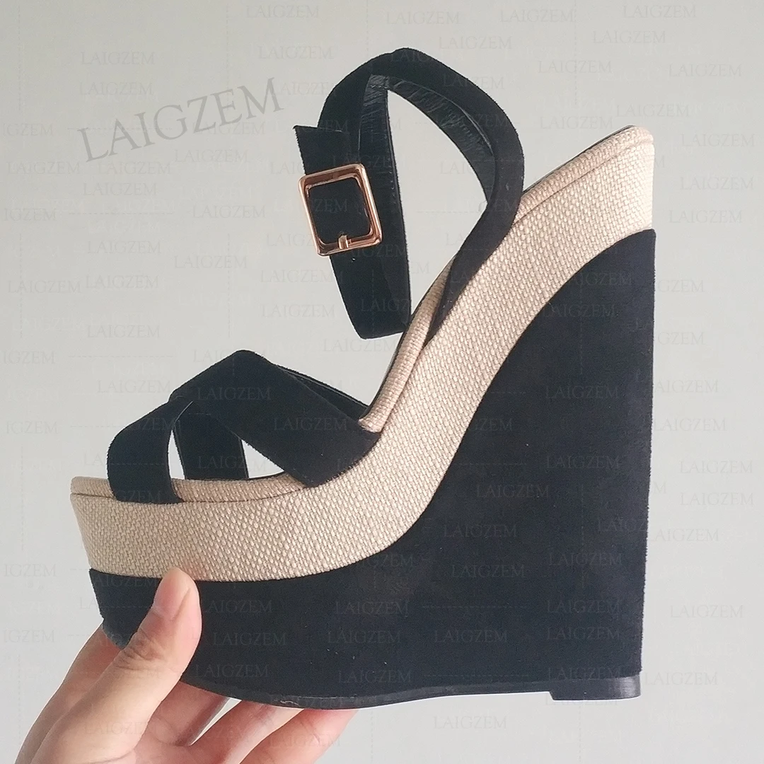 LAIGZEM Women Sandals Platform Wedges Ankle Strap Open Toe Patchwork Pumps Ladies Lace Up Shoes Woman Big Size 38 41 42 45 48