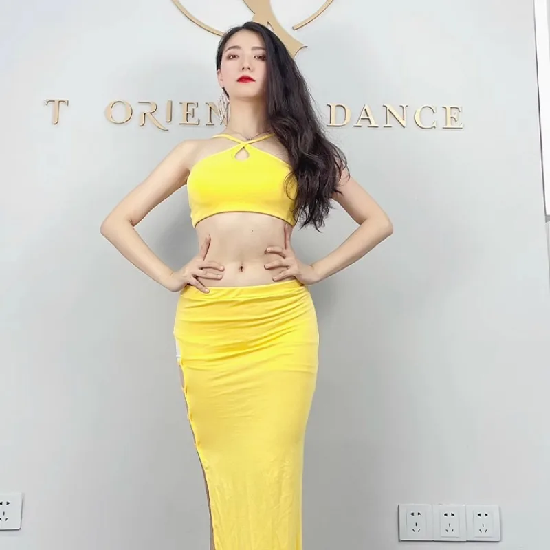 Customized Belly Dance Costumes Practice Dress Yellow Modal Strapless and Legless Skirt Sexy Beginner Oriental Dance Costume