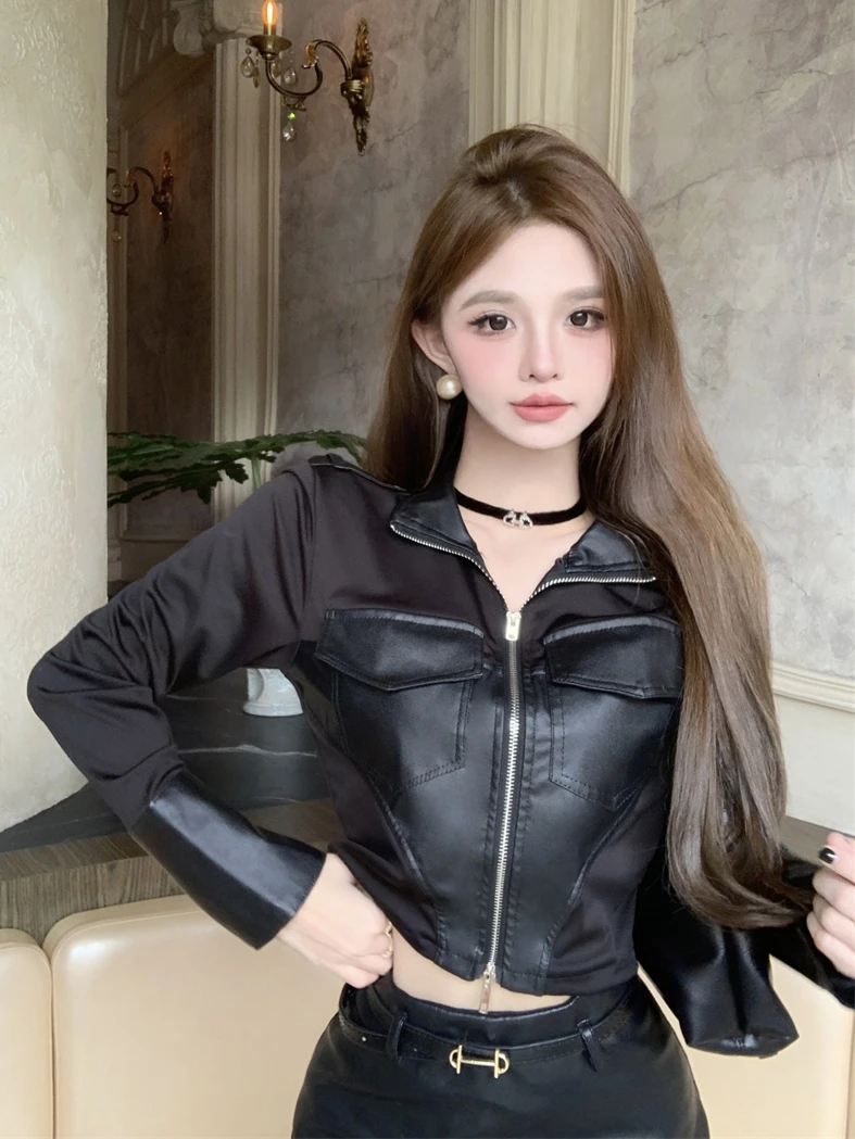 

Американская стильная куртка из искусственной кожи для девушек, осенне-зимняя, уникальная, с молнией, короткий кардиган-топ
