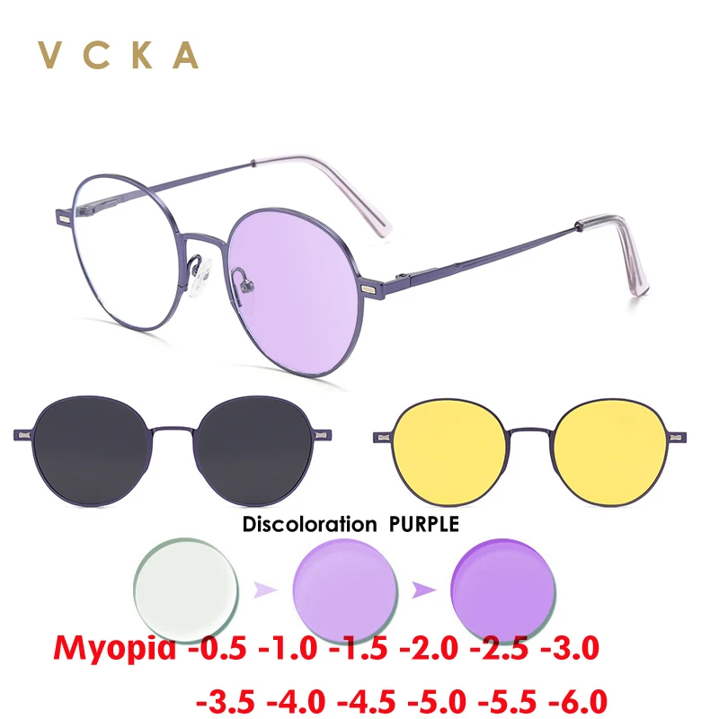 

VCKA 3 in 1 Round Photochromic Myopia Sunglasses Magnetic Clip Glasses Women Men Polarized Prescription Frame -0.50 to -10