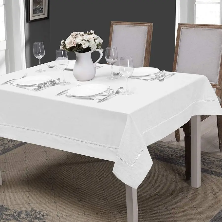 

Premium 100 Linen Hemstitch Tablecloth60 x 84 Inch White, Natural Fabric, Rectangular Tablecloth for Indoor and Outdoor Use