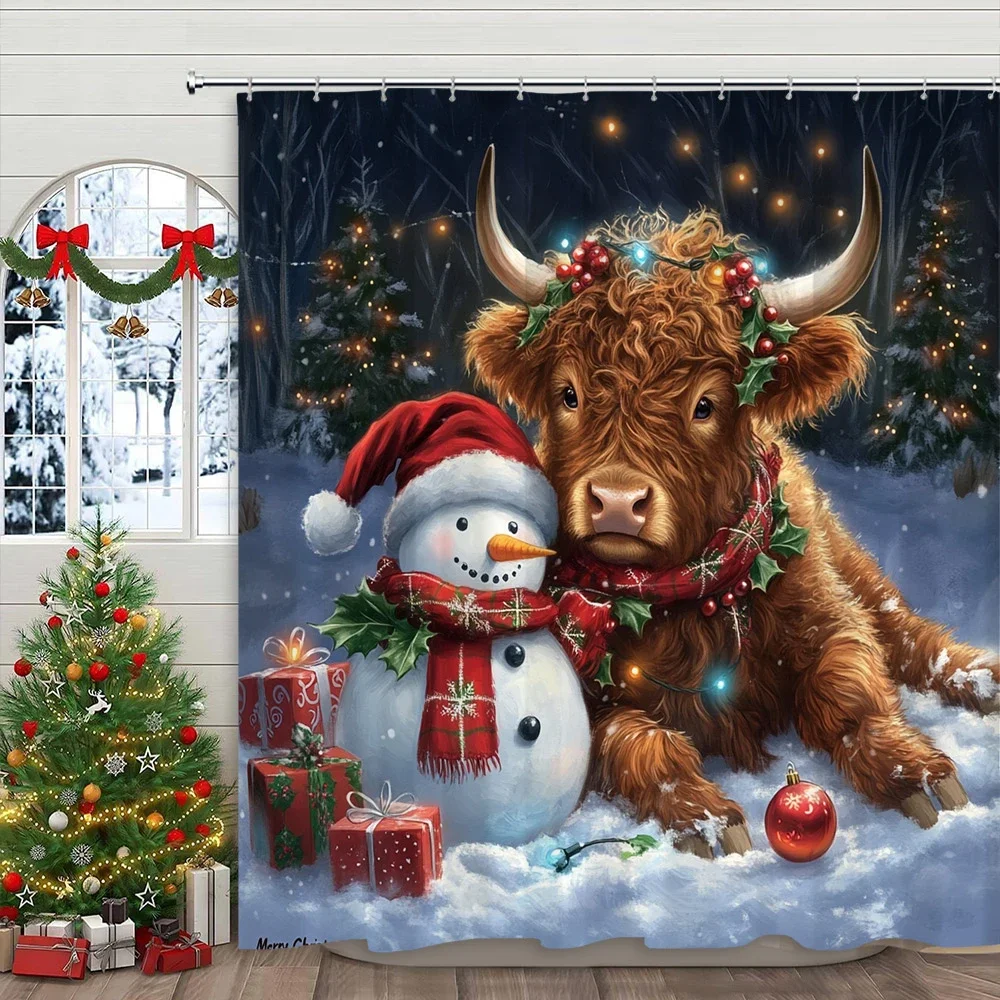 Cute Christmas Highland Cow Animal Shower Curtain Funny Cats Puppies Prints Home Decor Bath Curtains Polyester Fabric With Hooks