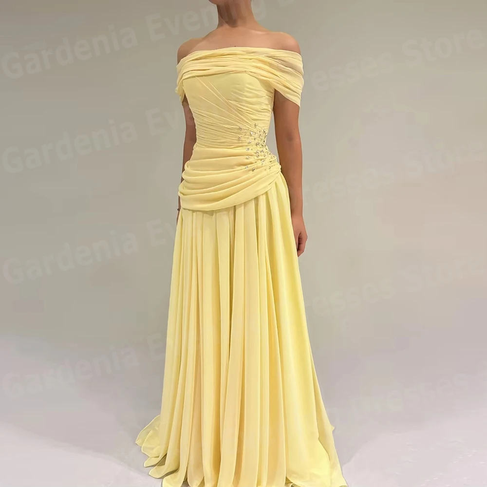 

Simple A Line Women's Evening Dresses Off Shoulder Sleeveless Prom Gowns Vestidos Para Mujer Customized Pleated Robe De Soirée
