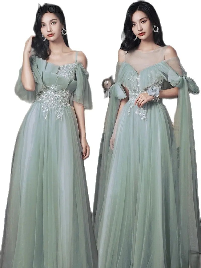 Customized Gray Green Bridesmaid Dress Long Sequined Lace Up Tulle Gown Elegant Women Graduation Vestidos Wedding Party Dresses