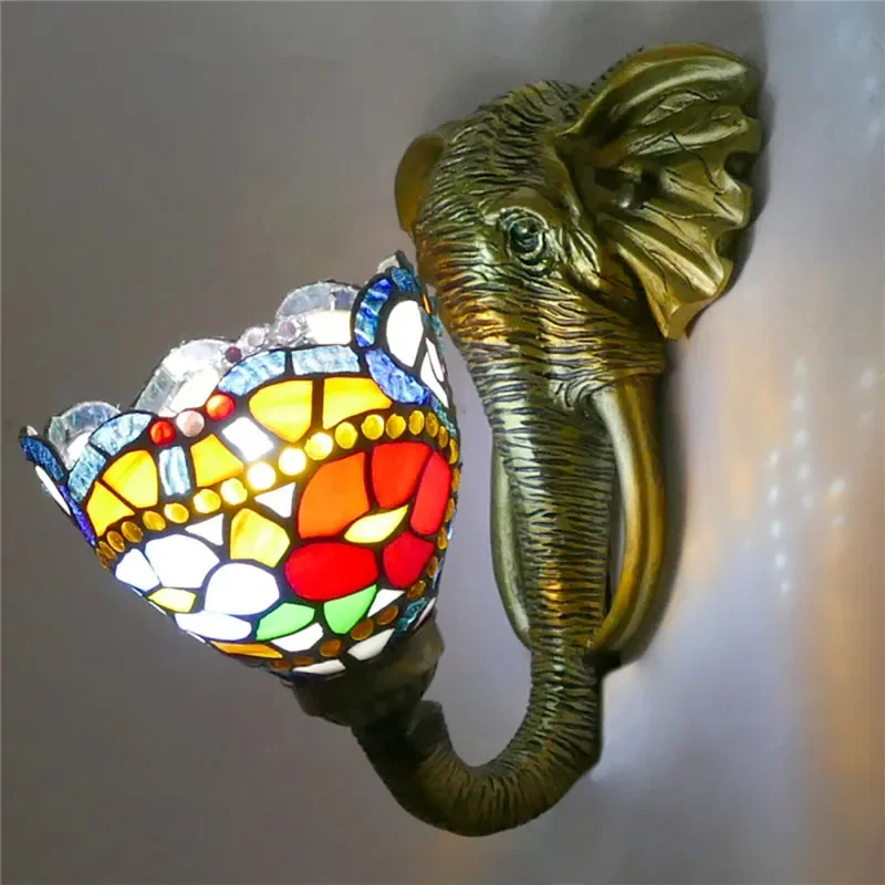 COLIN Tiffany Elephant โคมไฟติดผนังห้องนอนห้องน้ํากระจกด้านหน้าโคมไฟโรงแรมร้านอาหาร Stained Glass โคมไฟติดผนัง