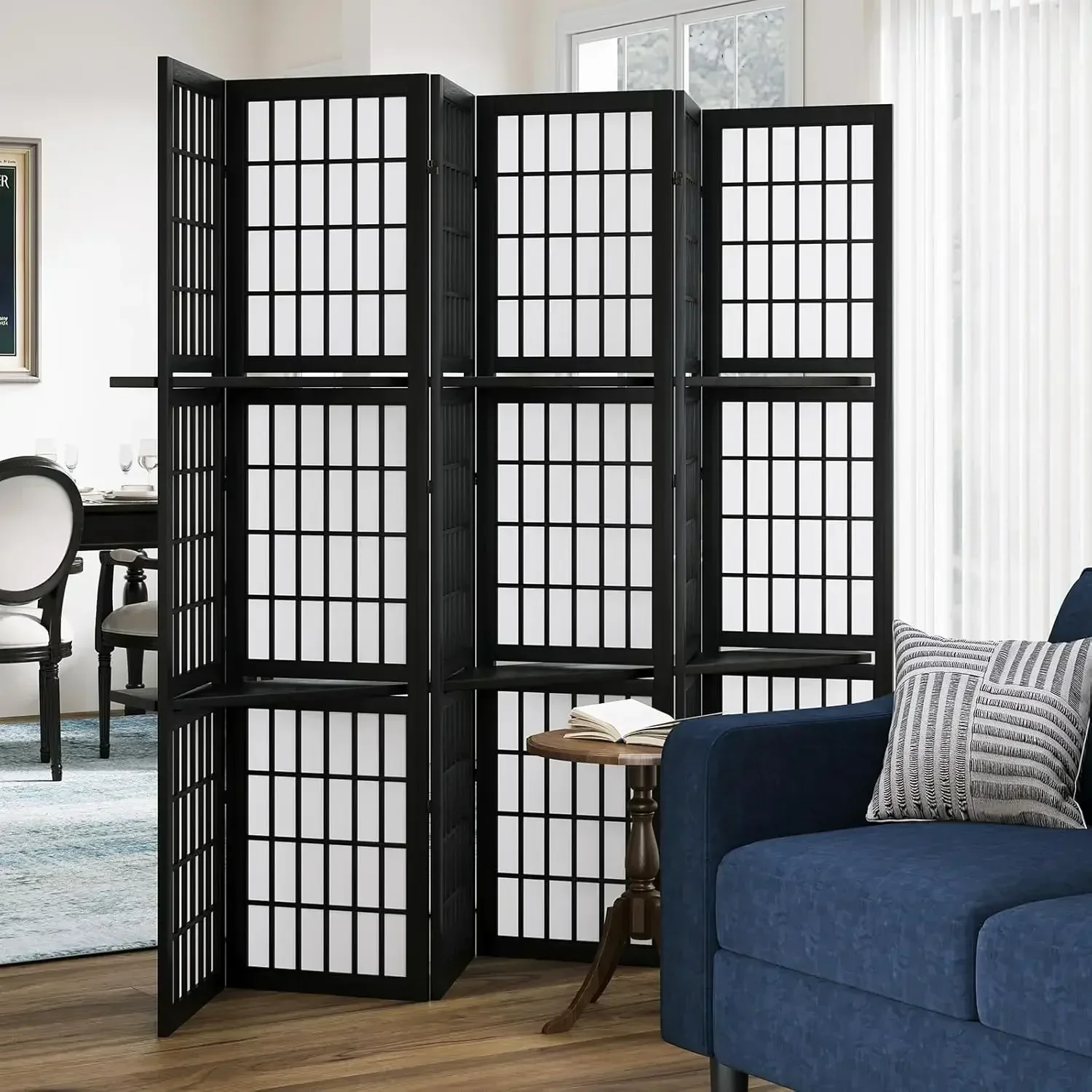 6 Panel 5.6ft Folding Portable Room Divider Japanese Chinese Shoji Style Screen With Three Display Shelves For Room Separation B