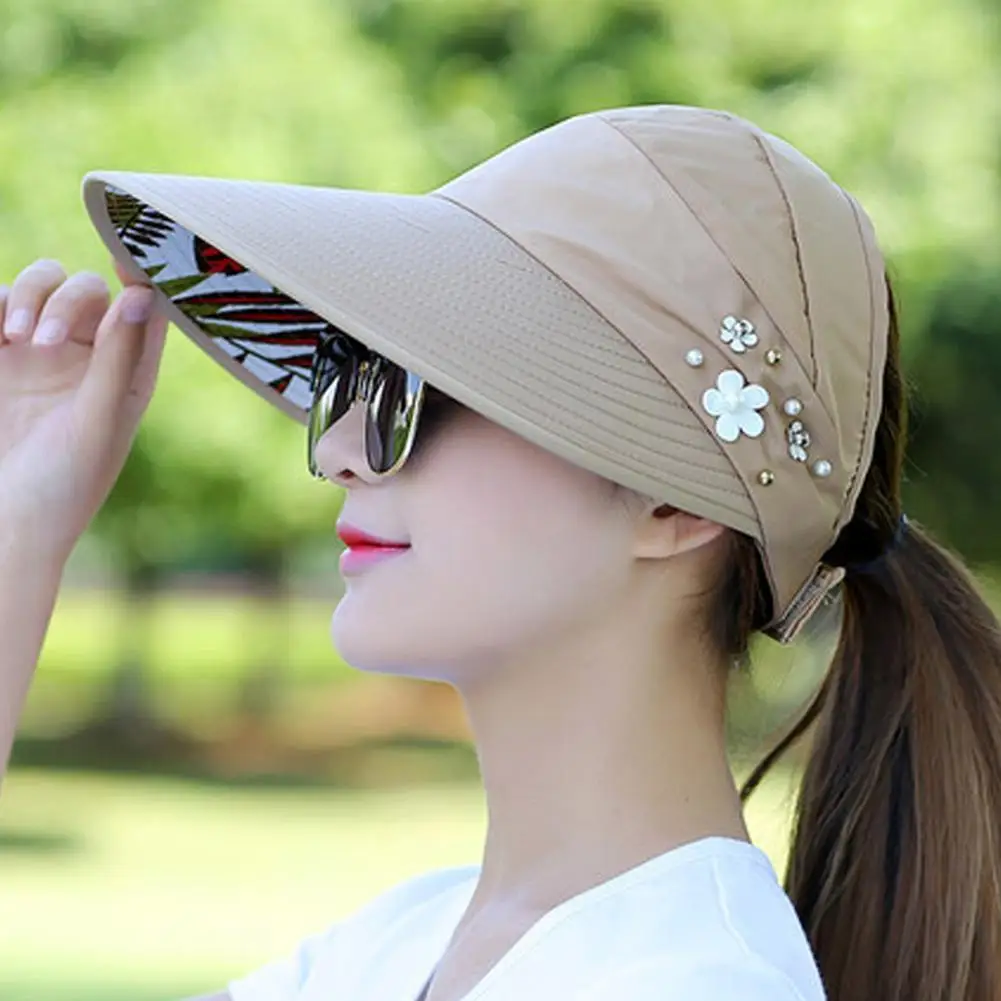 

Womens Ladies Summer Wide Brim Foldable Sun Hat Anti-UV Beach Visor Caps Hats Beach Bucket Hats Ponytail Travel Panama Caps