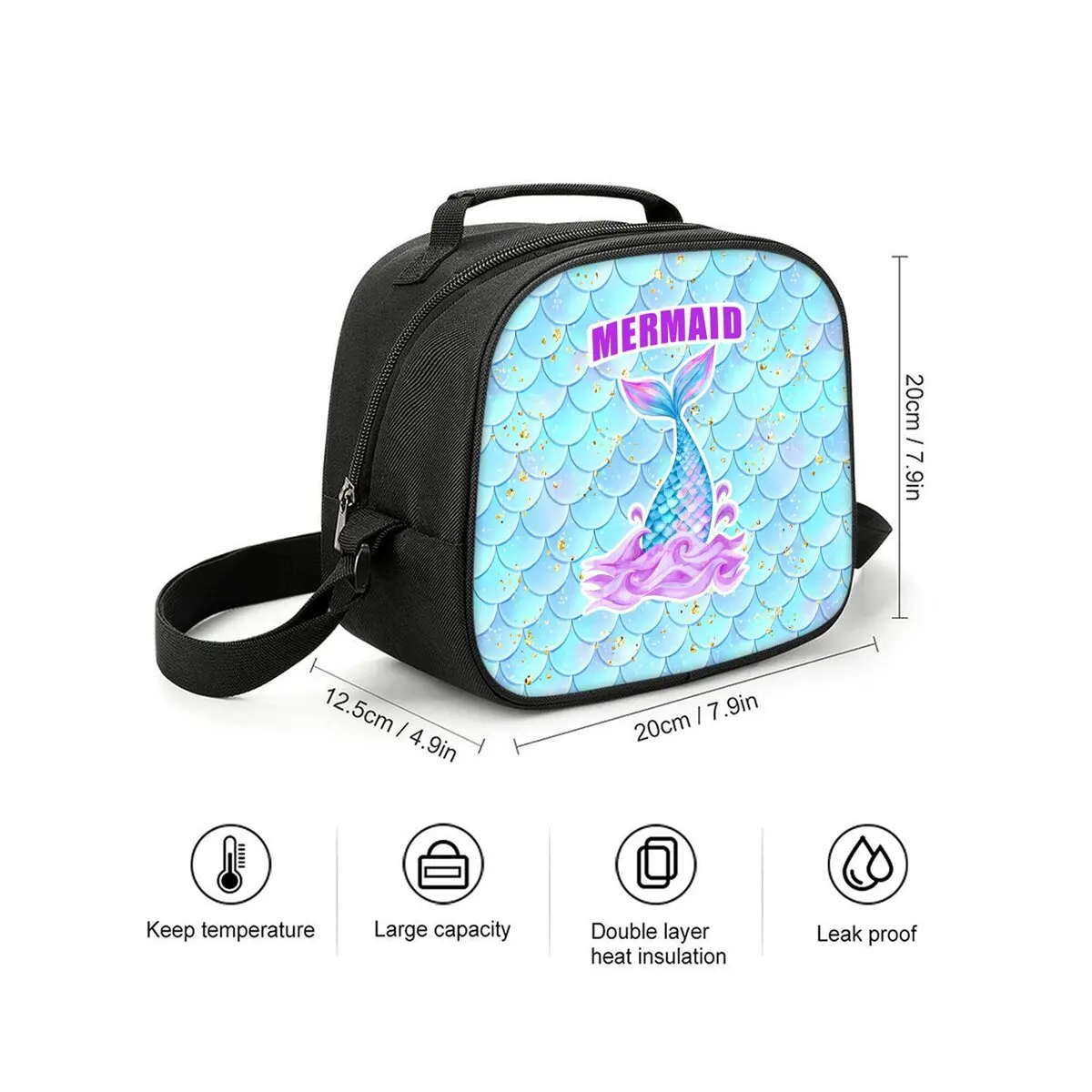 Mermaid Print Single-Sided Shoulder Strap Circular Lunch Bag/Handbag Zipper Portable Travel Food Box Picnic Pouch