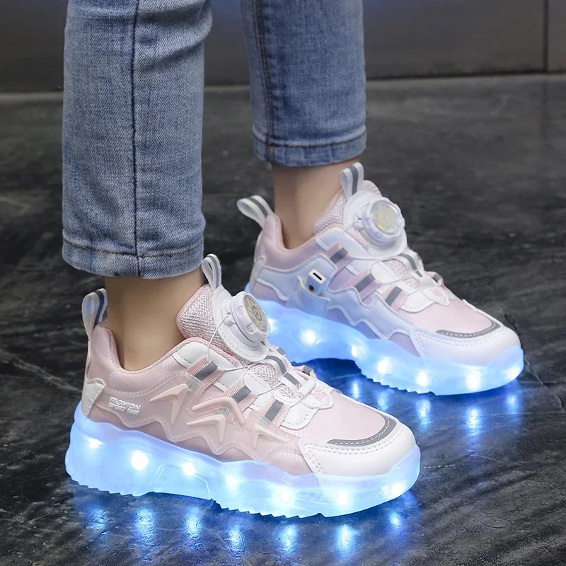 Swivel Buckle Child Casual Shoes Can Shine Light Children High-elastic Sport Shoe Trendy Kid Sneakers Wear-resistant Boy Sneaker