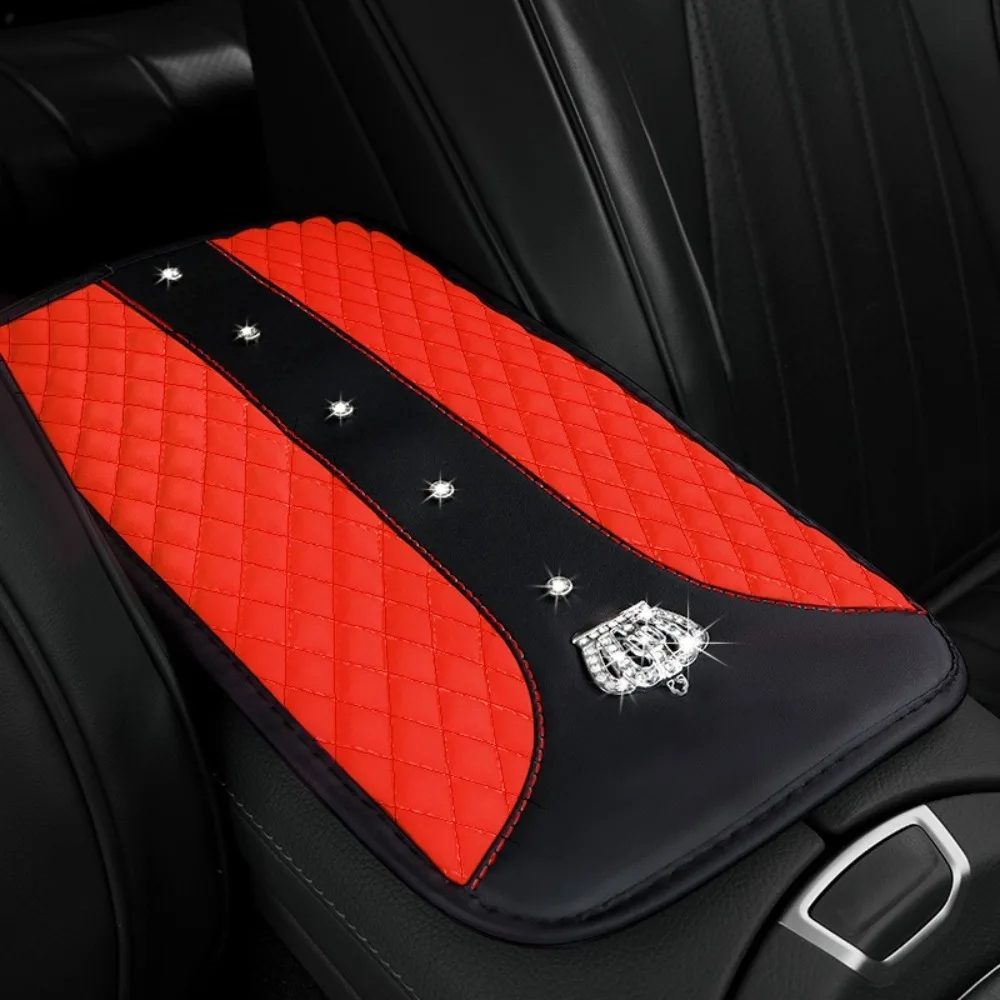 

New Artificial Leather Car Armrest Pad Diamond-encrusted Crown Soft Arm Rest Cover Waterproof Car Supplies Console Box Mat