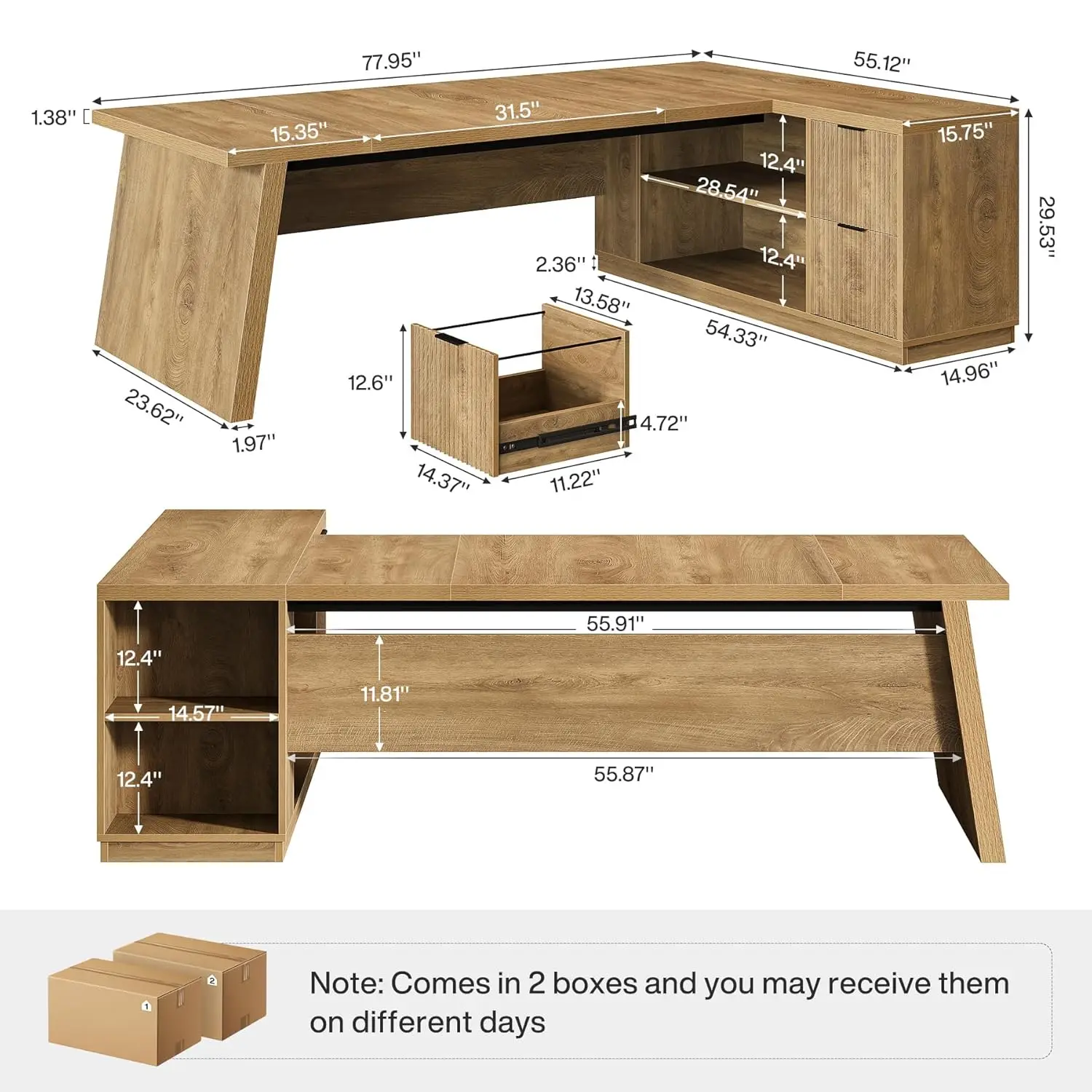 #L-Shaped Executive Desk w/ File Cabinet & Shelves 78in Corner Workstation Home Office Light Brown, Customized