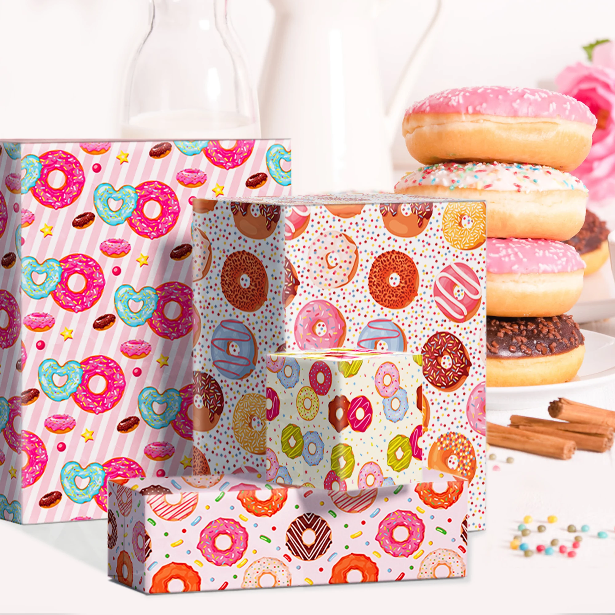 12pcs Sweet Cartoon Donuts Theme Wrapping Material Paper Birthday Baby Shower Party Gifts Decorative Packing Craft Papers