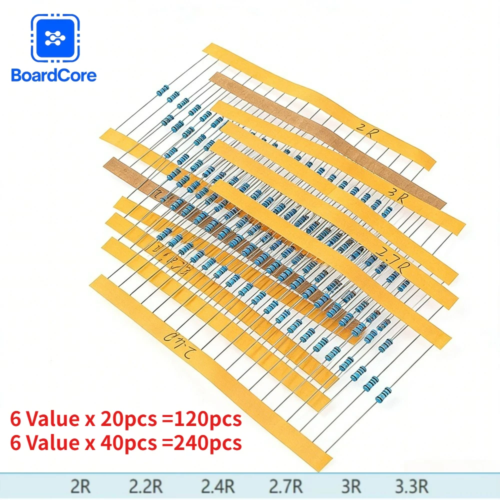 120/240pcs 1/4W 1% Metal Film Resistor Kit 2/2.2/2.4/2.7/3/3.3 Ohm Resistance for Car Airbag Repair & DIY Electronic Projects