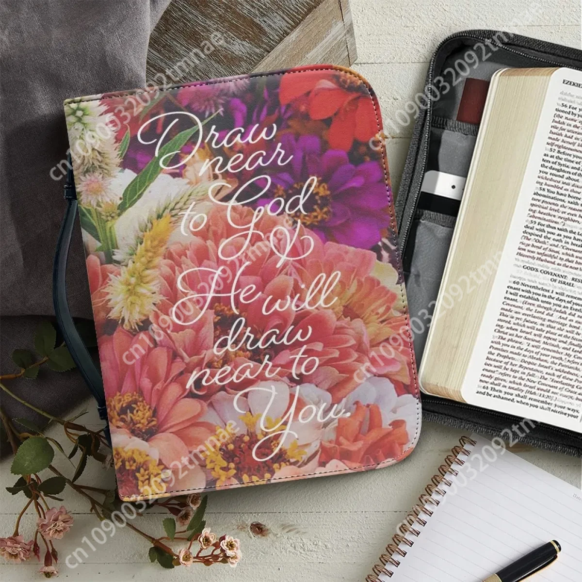 

Verse Custom Floral Design Bible Bag Female New Leather Handbag Zipper Small Item Storage Bag Practical Bible Protection Bags