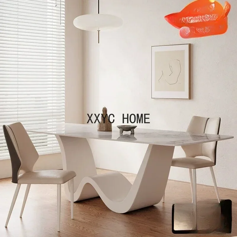 

Pure White Stone Plate Dining Table Modern Simple Rectangular Design Household Cream Style Dining Table and Chair