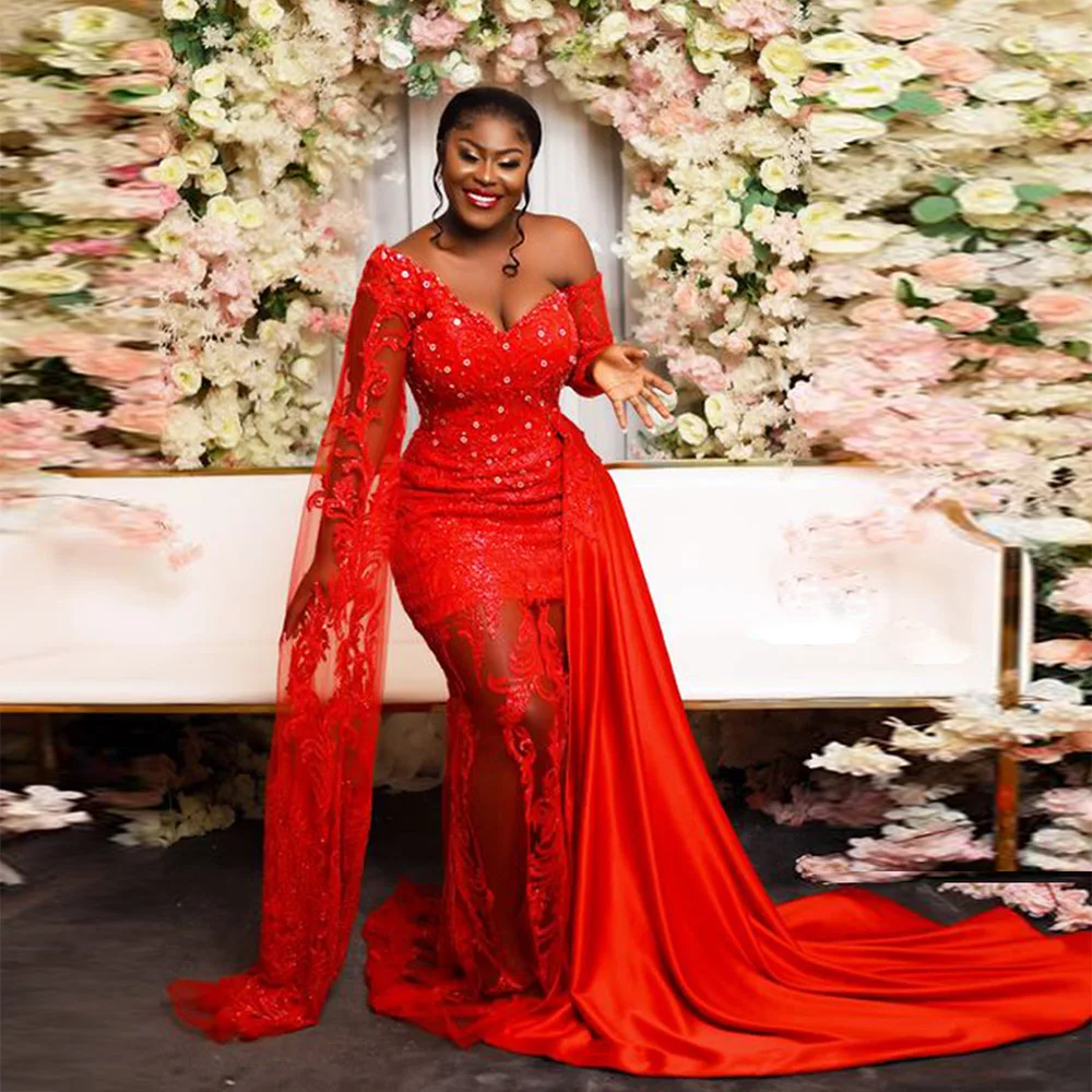 Red Off The Shoulder Lace Prom Dresses African Women Sexy See Through Mermaid Evening Gowns Aso Ebi Sweep Train Party Dress