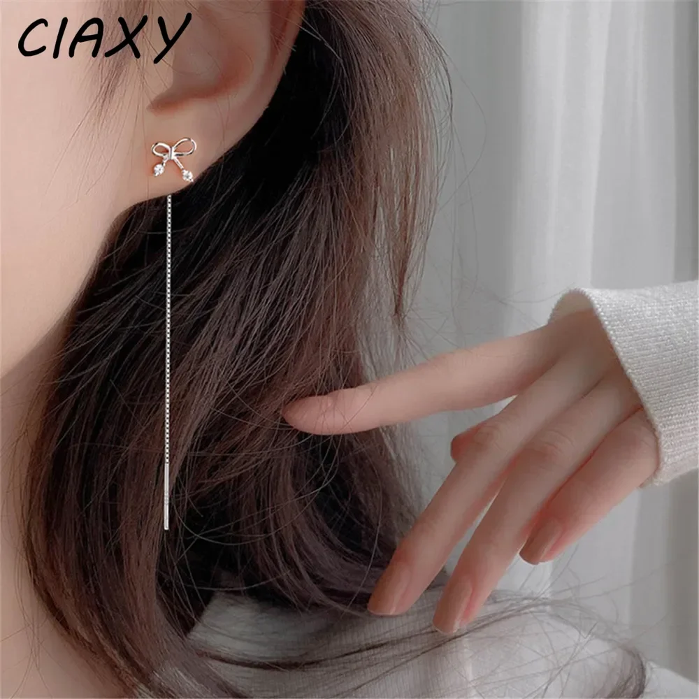 CIAXY 925 Sterling Silver Inlaid Zircon Bow-knot Earrings for Women Temperament Tassel Long Ear Wire Earring Fashion Jewelry