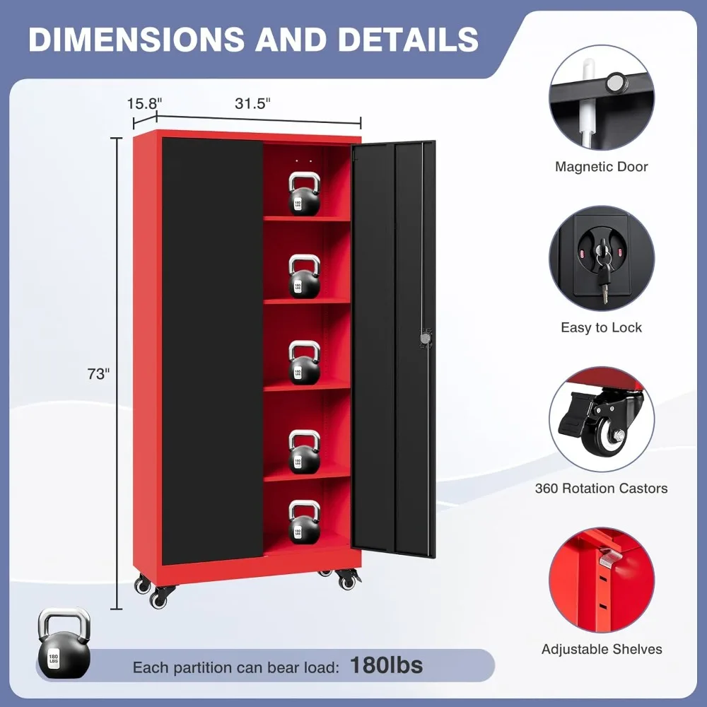 Gabinete de almacenamiento de metal con ruedas, gabinete de almacenamiento alto para garaje con 4 estantes ajustables y 2 puertas, gabinete de herramientas bloqueable para