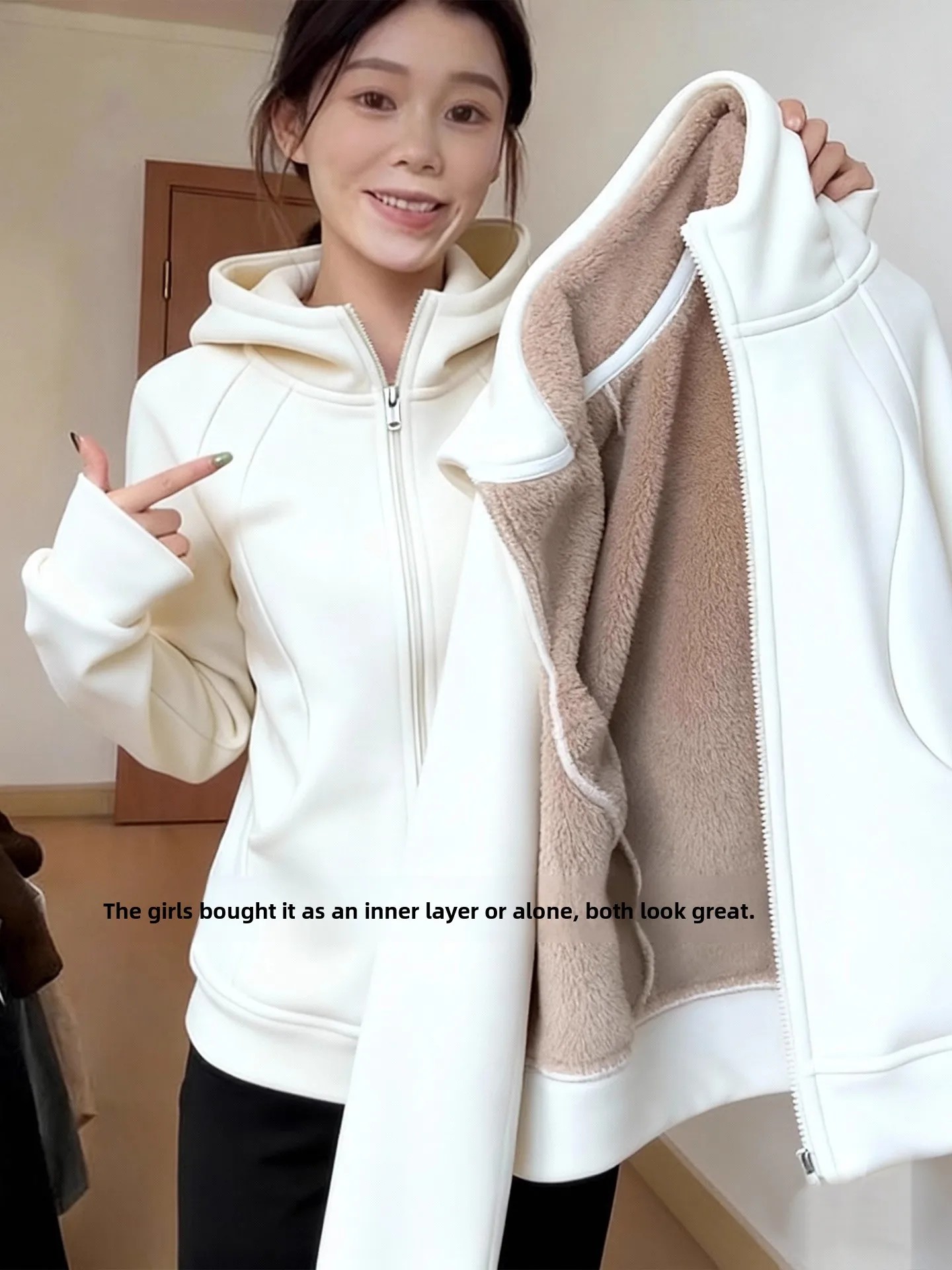 Thickened Fleece Women's Jacket Lamb Fur Sweatshirt Inner Wear Casual Autumn Winter Coat Large Size Zipper Closure Pure Color