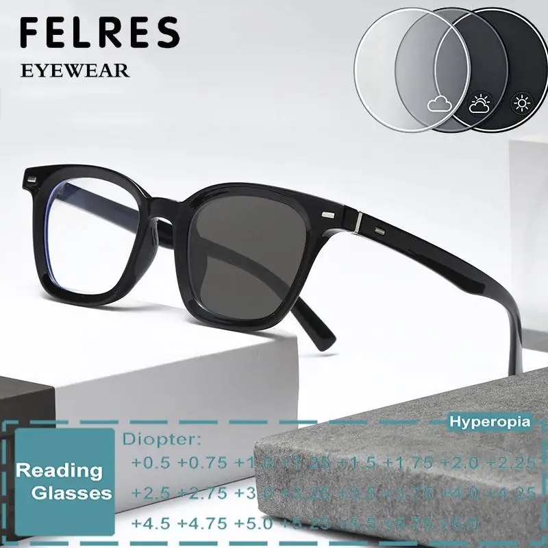 Designer Square Photochromic Clear Reading Glasses Men Women Single Focus Color Changing Finished Presbyopic Eyewear Readers