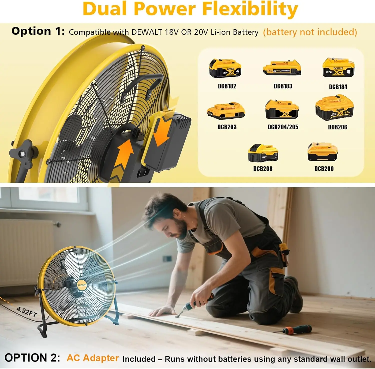 12/16 Inch Portable Fan Compatible With Dewalt 18-20V Outdoor Floor Fan with Adapter Jobsite Garage Emergency Travel Camping Fan