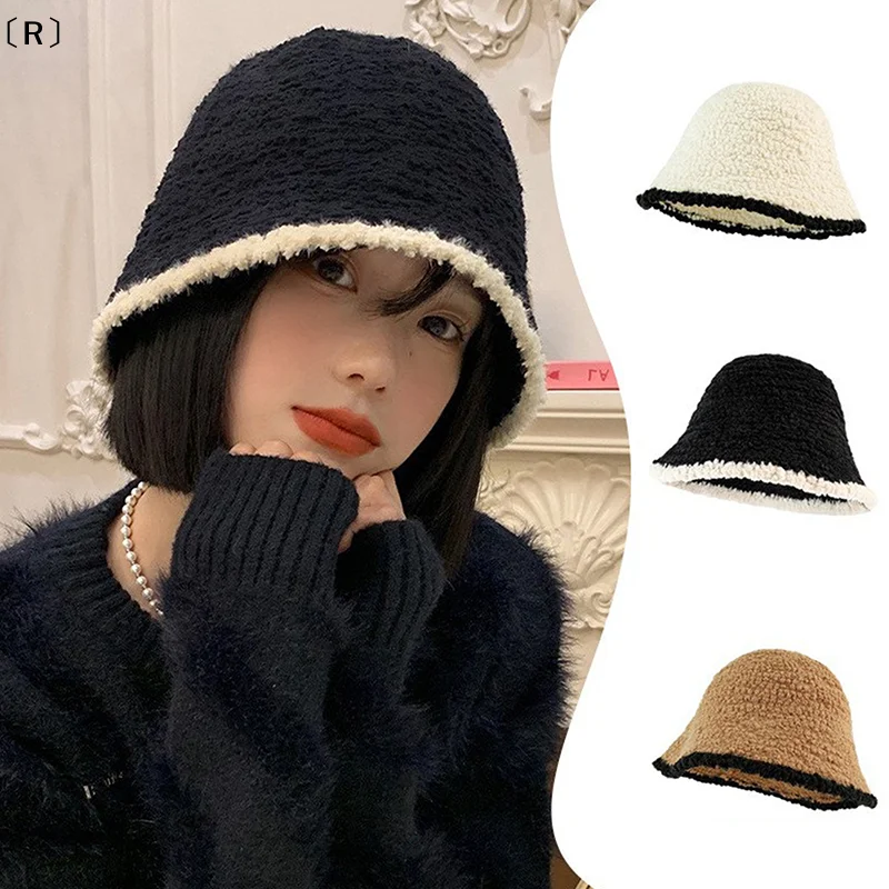〔R〕Women's Colorblock Knit Fisherman Bucket Hat - Winter Warm Ear Flap Fleece Lined Beanie Korean Fashion For Large Head 1PC