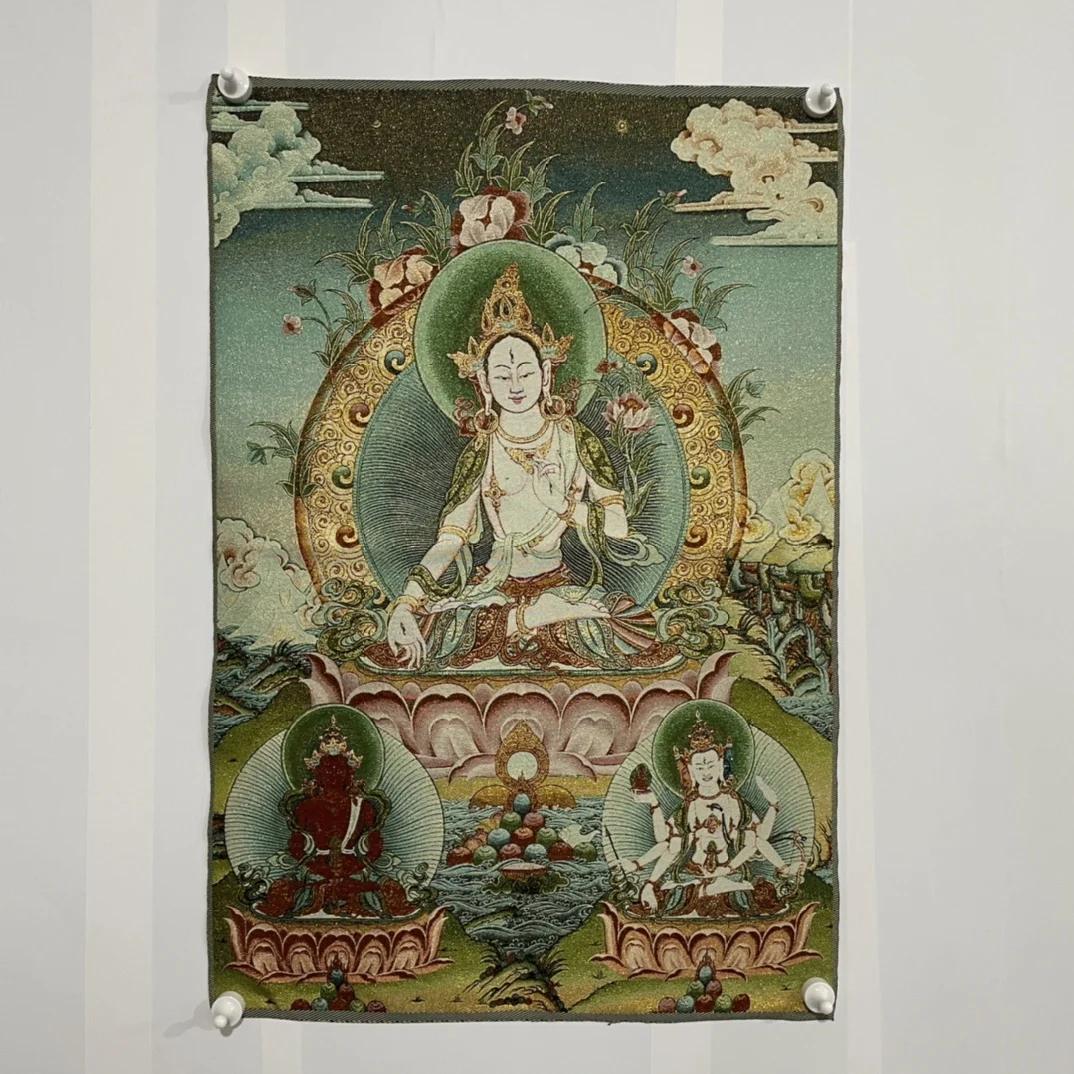 

35"Thangka Embroidery Tibetan Buddhism silk Embroidery White Tara Buddha Seven Eyes Thangka Worship Hall hanging screen