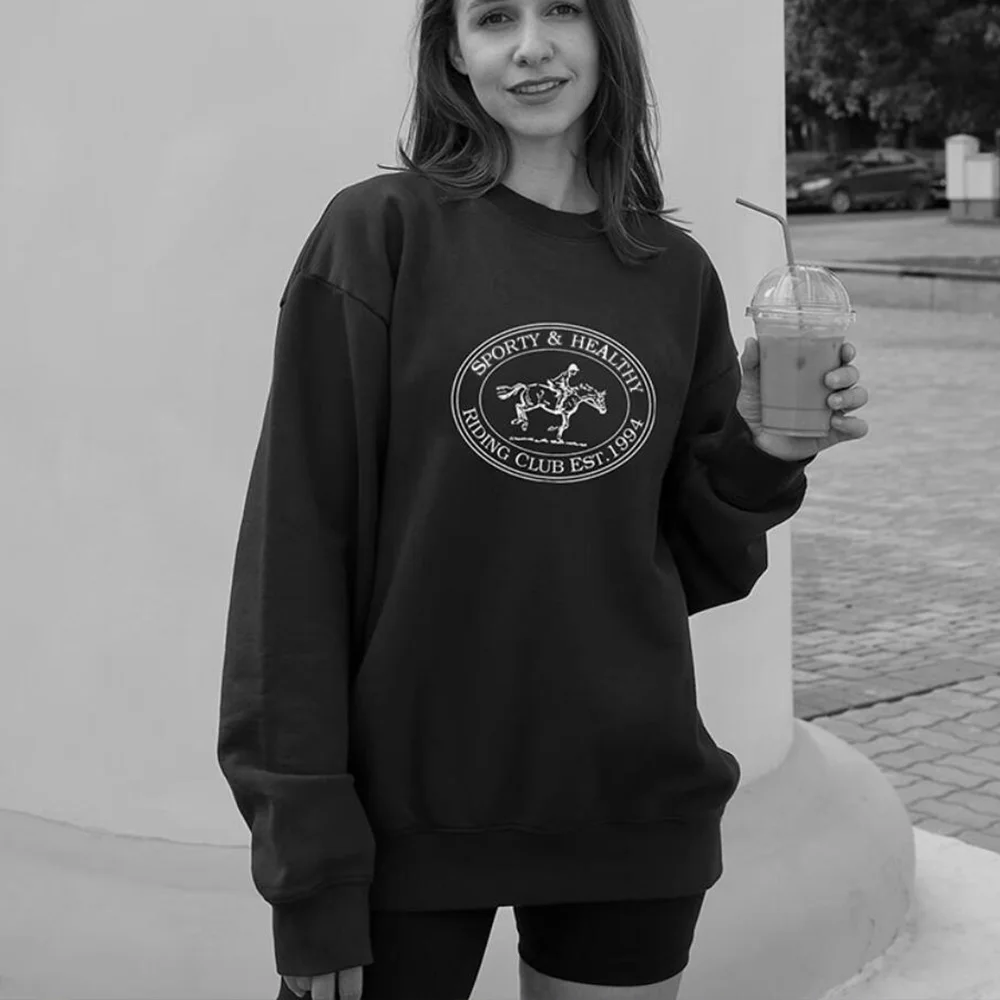 American Vintage Style Equestrian Club Printing Navy Loose Sweatshirts Women Autumn Crewneck Cotton Pullover 80's 90's Jumpers