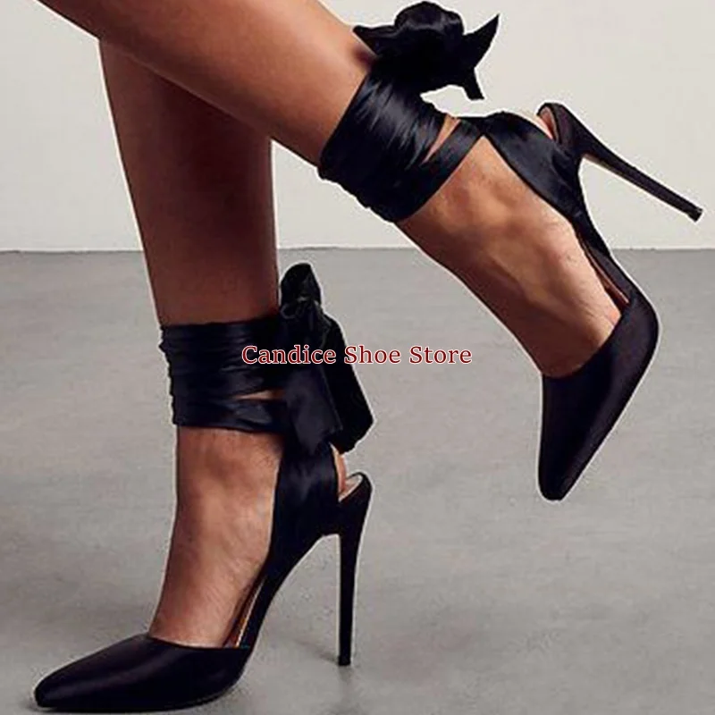 Solid Color Satin Pointed Rhinestone Cross Strap High Heels Stiletto Black Ankle Strap Single Shoes