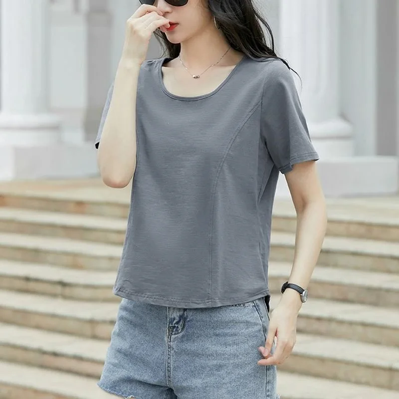 TuangBiang Summer Simple 2023 Bamboo Cotton Women T-Shirt Korean O-Neck Short Sleeves Soft Tshirt Autumn Female Ribbed Loose Top